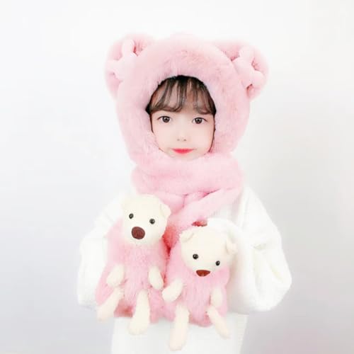 Kid Animal Hooded Scarf Girl Winter Hat with Earflap 3 in 1 Cute Cartoon Bear Beanie Children Plush Glove Set (Bear Pink)2