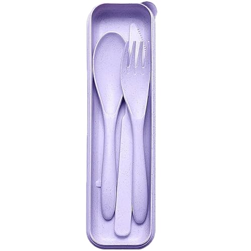 Travel Cutlery Set with Case, Reusable Portable Utensils Plastic Fork Knife Spoon for Camping Picnic Work School Daily Use (Purple)
