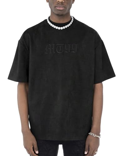 Verdusa Men's Oversized Tops Letter Embroidery Drop Shoulder Tee Top Casual T Shirts Black X-Large