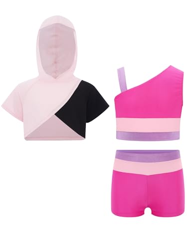 YEAHDOR Workout Set for Girls Short Sleeve Cropped Hoodie Sport Vest with Shorts 3 Pieces Activewear Set