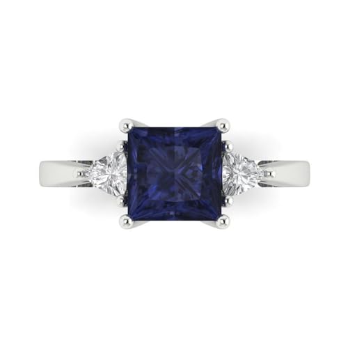 Clara Pucci 2.32 ct Princess Cut Created Blue Sapphire 14k Yellow Gold Three-Stone Wedding Engagement Bridal Promise Ring