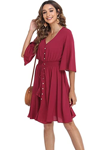 Image of VintageClothing Women's Floral Sundresses Flowy Boho Summer Beach Dress | Lightweight Breathable material,Elegant V Neck and Button Front Design,Flared Bell Sleeve Cut,Mini Casual dress