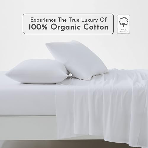 Image of Linen Closet 100% Organic Cotton Queen Sheets Set, 4 Pieces, Arctic White - Percale Bed Sheets & Pillowcases Set - Up To 16 inch Deep Pocket Fitted Sheet - Cooling, Crisp & Breathable - For Hot Sleepers