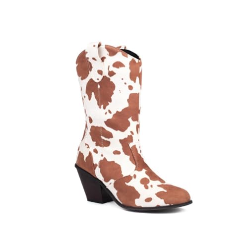Botines Western Mujer Estampado Vaca Punta Estrecha Tacón Cuadrado Plantilla Acolchada Parte Superior De Cuero Duradero Zapatos Fiesta Noche Casual Estilo Country,Beige Brown,44 EU