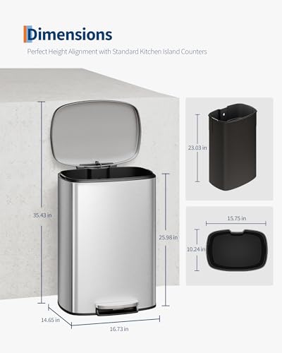 Image of Garvee Step-on Stainless Steel Kitchen Trash Can - 13 Gal / 50 L Large Capacity, Rustproof Metal Garbage Bin with Soft Close Lid, Removable Inner Bucket & Rear Handle