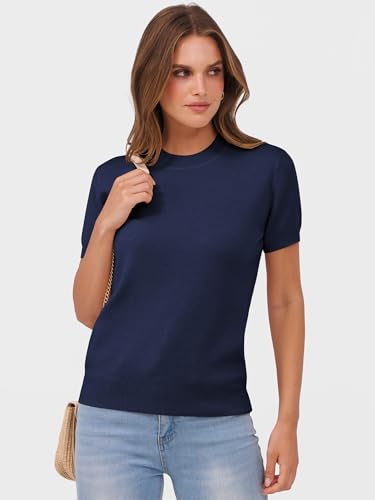 Image of ANRABESS Womens Short Sleeve Sweaters Wool Blend Crew Neck Sweater Shirts Business Casual Work Tops 2026 Summer Outfits