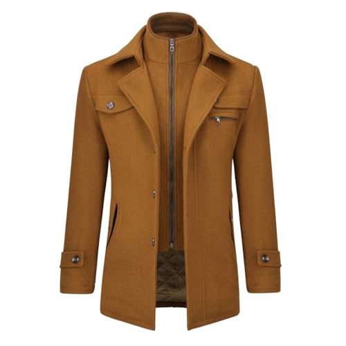Allthemen herr vinterrock ull kort rock ståkrage ullrock medellång kappa vinter vinterjacka business peacoat slim fit casual, Khaki (vadderat innerfoder), M