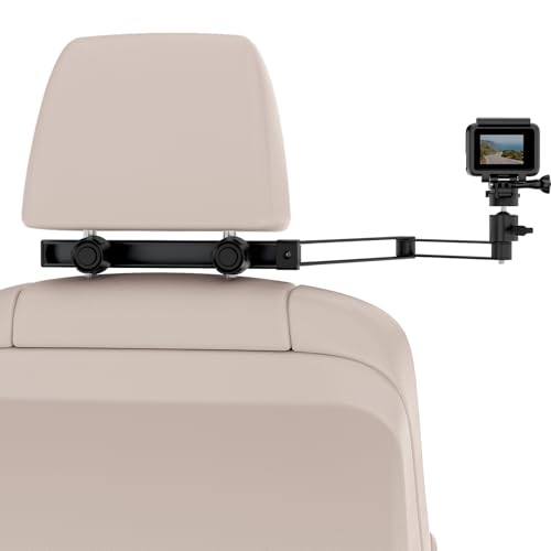 Mippko Car Headrest Camera Holder,2-Stage Aluminum Alloy Extension Foldable Arm, Double 1/4'-20 Threaded Screw Compatible with GoPro/Insta 360 / DJI OSMO Pocket3 / Mevo Start/DSLR/iPhone