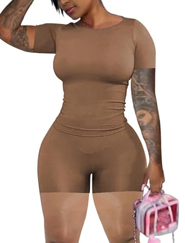 chicyes Lounge 2 Piece Sets For Women Summer Gym Two Piece Outfits Workout Plus Size Set Matching Shorts Clothes Brown