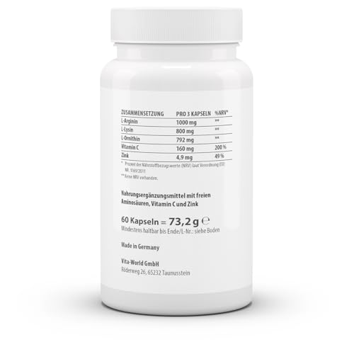 vitaworld Arginin-Ornithin-Lysin + C + Zink, Pro Tagesverzehrmenge sind je 1000 mg L-Arginin und L-Ornithin, sowie 800 mg L-Lysin enthalten, Vegan, 60 Kapseln
