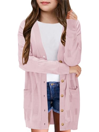 Image of Girls Cardigans Kids Fashion Open Front Long Sleeve Knit Sweaters Outerwear with Pockets 5-14 Years Pink