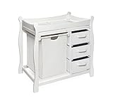 Badger Basket Sleigh-Style Baby Changing Table - Diaper Changing Station with 3 Storage Baskets - Nursery Organizer with Hamper, Changing Pad, Safety Rails - Fresh White/White