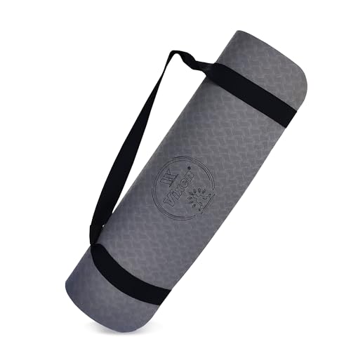 Image of VIXEN Yoga Mat Premium 10 MM TPE I Non Slip Yoga Mat For Women and Men | Sweat Absorbent | Extra Thick, Long & Wide Premium Exercise Mat with Yoga Strap | Anti-Slip & Anti-Tear Ideal for Yoga (Grey)