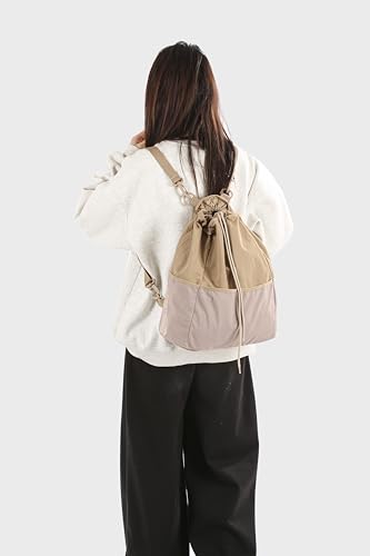 Drawstring Gym Backpack, Water-Resistant Casual Bag for Women Men, Draw String Back Bag with Multi-Pockets for Beach Swim Travel Workout, Brown2