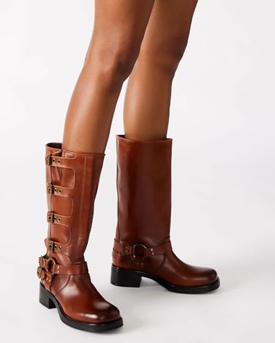 Knee High Boots for Women Square Toe Wide Calf Pull On Riding Buckles Boots Chunky Low Heel Biker Riding Boots2