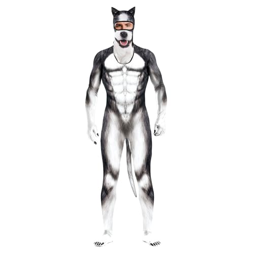 Bemeiren Costume d’animal pour hommes, costume avec imprimé, grande queue, combinaison en élasthanne, façon fourrure pour cosplay, Halloween, Husky,...