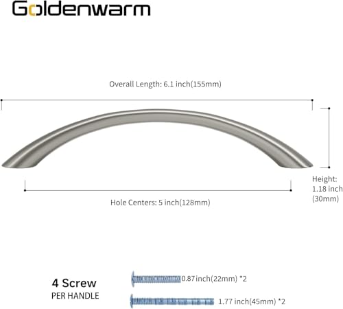 Goldenwarm Curved Cabinet Handles, 5 Inch 20 Pack Brushed Nickel Drawer Pulls, Solid Zinc Alloy Hardware for Dresser Drawer, Smooth Edge and Screws Included by Goldenwarm - Used condition - Image 2