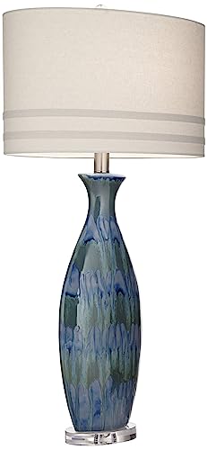 Possini Euro Design Annette Coastal Table Lamp Handcrafted 38" Tall Blue Drip Ceramic Vase Off White Oval Shade Decor for Living Room Bedroom House Bedside Home Office Entryway (Color May Vary) - Image 8