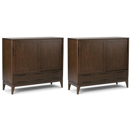 SIMPLIHOME Harper Solid Wood 48 inch Storage Cabinet in Walnut Brown (Set of 2) for The Living Room, Entryway and Family Room