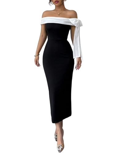 SweatyRocks Off Shoulder Kleid Damen Elegantes Maxikleid Hochzeitsgast Cocktailkleid Partykleid Schulterfreies Kleid Mit Schlitz Schwarz und Weiß S