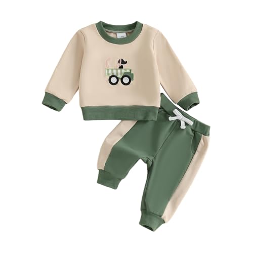 Vioyavo Conjunto de ropa para bebés y niños pequeños, ropa de otoño e invierno, con bordado de camión y perro, sudadera de manga larga y pantalones deportivos, verde, 12-18 meses