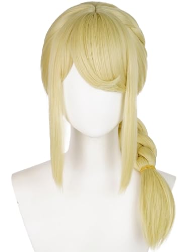 Image of Half and Half Blonde Braid Anime Pony Cosplay Wig with Side Part Bangs for Women Light Golden Braided Dragon-Hunter Costume Wigs for Halloween Party Daily