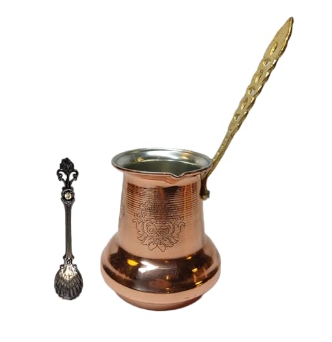 Leo Design Solid Copper Turkish Coffee Pot (250 ml) | Brass Handle Cezve 3mm Thick Handmade Hammered Ibrik Briki Stovetop Arabic Greek Maker (Brass Handle 250 ml)