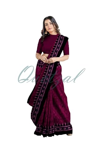 Image of Quetzal Women's Magenta Pure Cotton Sambalpuri Batik Print Saree with Unstitched Blouse - Lightweight Comfortable Saree for Daily & Office Wear