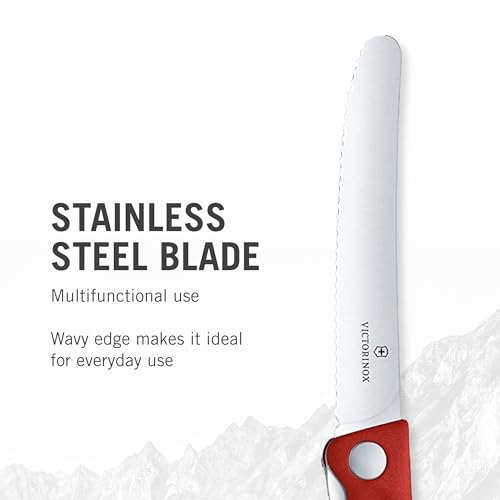 Victorinox Swiss Classic Foldable picnic knife for hiking, fruit, vegetables, bread rolls, sausage, serrated edge, extra sharp, Red