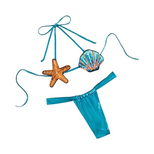 Sexy Shiny Metalliic Swimsuit for Women Two Piece Strappy Bikini Set Shell Shape Extreme Micro Tiny Swimwear with Thong