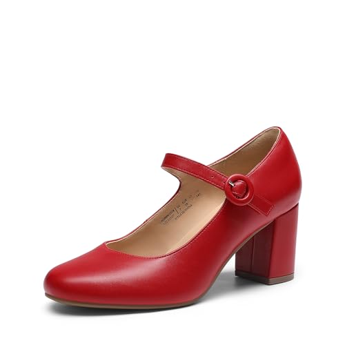 DREAM PAIRS Womens Mary Jane Shoes Chunky Heel 2.76 Inch - Round Toe Vintage Office Work Pumps - Comfortable Low Block Heels Dress Shoes for Women 6 Red