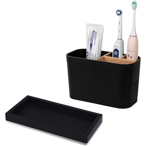 4 Slots Toothbrush Holder for Bathrooms and Small Silicone Tray for Kitchen, Sink, Vanity, Black Cover