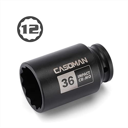 CASOMAN 1/2" Drive x 36 mm Deep 12 PT Impact Socket, CR-MO, 1/2-inch Drive 12 Point Axle Nut Socket for Easy Removal of Axle Shaft Nuts (36MM)