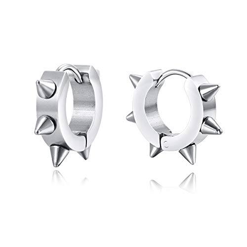 Mens Womens Huggie Hinged Hoop Earrings, Gold Color Steel Spiked Rivets, Punk Rock Hiphop