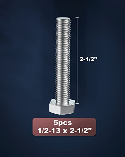 Image of 1 /2-13 x 2-1 /2 inch (1 to 7 inch Optional) Hex Head Screw Bolt, Stainless Steel 18-8(304), Fully Threaded,5pcs