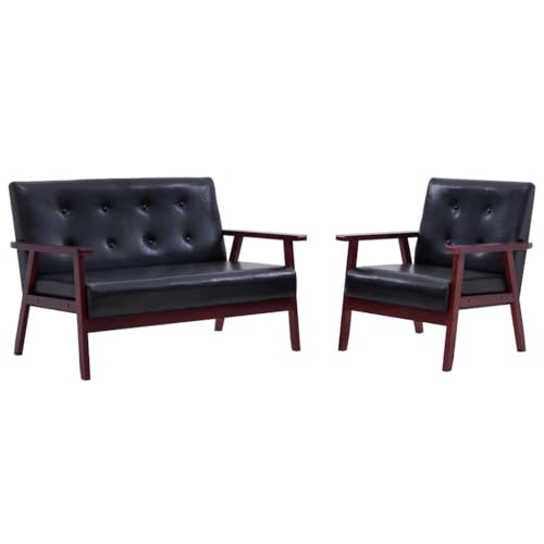 pokgdf Canapé design rétro 2 pièces en cuir synthétique noir avec cuir synthétique durable et facile d'entretien et canapé stable avec structure en bois...