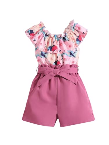 Image of OYOANGLE Girl's 2 Piece Outfits Boho Floral Print Ruffle Tank Top and Bow Belted Shorts Clothing Set