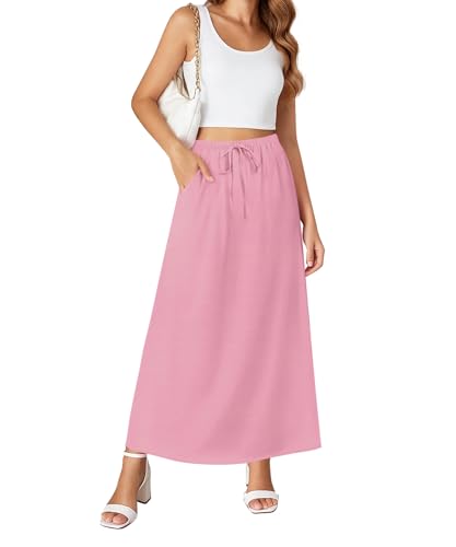 NILOUFO Maxi Skirts for Women High Waisted with Pockets Drawstring Pink