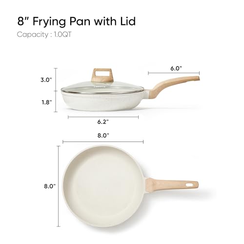 Image of CAROTE 8 Inch Non Stick Frying Pan with Lid,White Granite Nonstick Skillet Omelet Pans, Egg Pan Granite Cookware, PFOS & PFOA Free