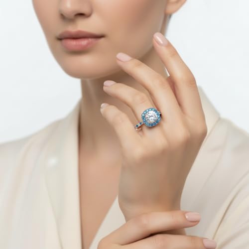 Image of Choose Your Gemstone Round Diamond CZ Square Halo Ring Rose Gold Plated Round Shape Petite Engagement Rings Matching Jewelry Wedding Jewelry Easy to Wear Gifts US Size 4 to 12