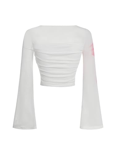 Image of Floerns Girls Bell Long Sleeve Square Neck Asymmetrical Hem Mesh Ruched Crop Tops Tees