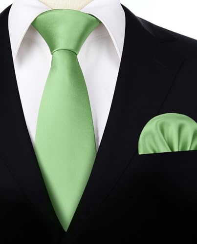 Image of HISDERN Mens Solid Color Ties Formal Satin Necktie and Pocket Square Set Classic Wedding Business Tie & Handkerchief