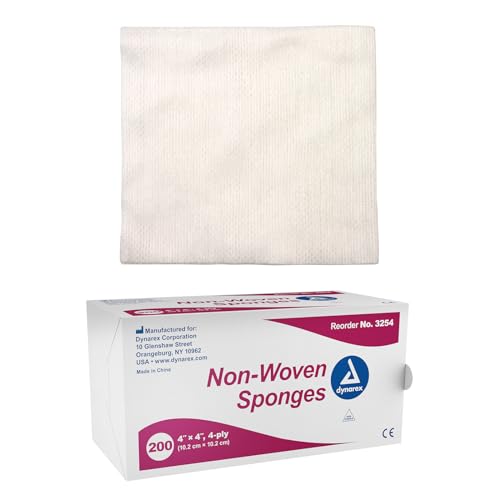 Dynarex Non-Woven Sponges, Non-Sterile, Gauze, for Cleansing, Prepping and Dressing, Highly-Absorbent, Less Linting, 4"x 4", 4 Ply, 1 Box of 200 Sponges (Packaging May Vary)