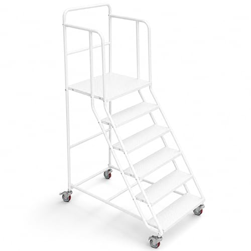 Image of 6 Step Rolling Ladder with Handrails, 880 lbs Capacity Heavy Duty Steel Mobile Warehouse Ladder with Locking Wheels, Non-Slip Rolling Stairs with Large Platform for Garage, Stockroom, Library