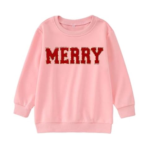 GLIGLITTR Kid Girl Christmas Sweatshirt Merry Long Sleeve Outfit Shirt Chenille Patch Xmas Holiday Crewneck Pullover Top 7-12(Pink,10-11Years) Cover