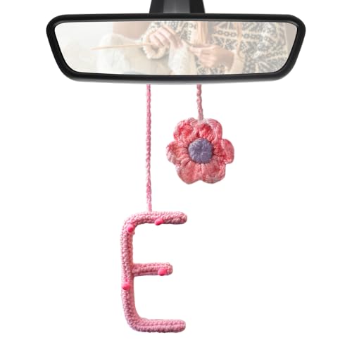 Handmade Initial Letter Pendant for Rearview Mirror,Cute Car Decor Charm Ornament, Personalized Pink Crochet Accessories for Women,Girly Automotive Interior Decorations Random Floral(E)