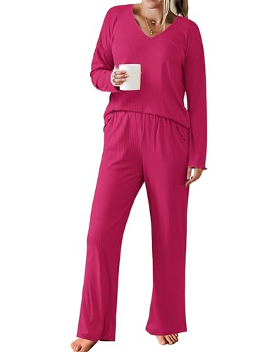 Ekouaer Womens Ribbed Knit Pajamas Set V Neck Long Sleeve Pj Set 2 Piece Loungewear Casual Sleepwear