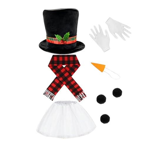 Generisch Juego de disfraz de muñeco de nieve para mujer con sombrero de muñeco de nieve, bufanda roja y negra, nariz de zanahoria, pompones, falda de tul, guantes, cosplay, accesorios para carnaval