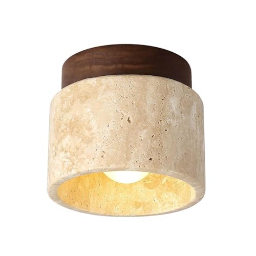 Plafón de Travertino Amarillo, Diseño Vintage, Lámpara de Techo Creativa para Dormitorio, Montaje Semi-Empotrado, Base de Madera, Mini Lámpara de Techo para Casa de Campo y Pasillo