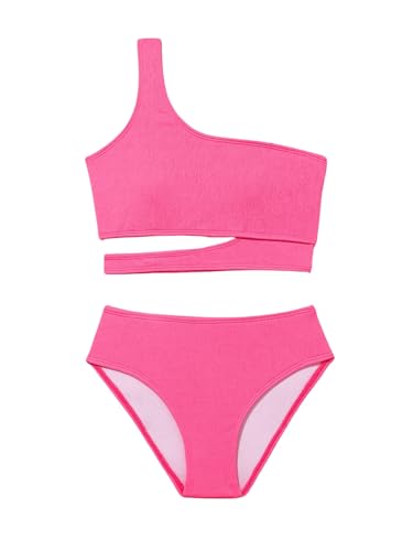 SHENHE Girl's 2 Piece One Shoulder High Waisted Cut Out Bikini Swimsuit Bathing Suit